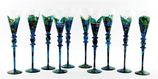 Appraisal: Gilt enamel art glass champagne flutes blue and green decorated