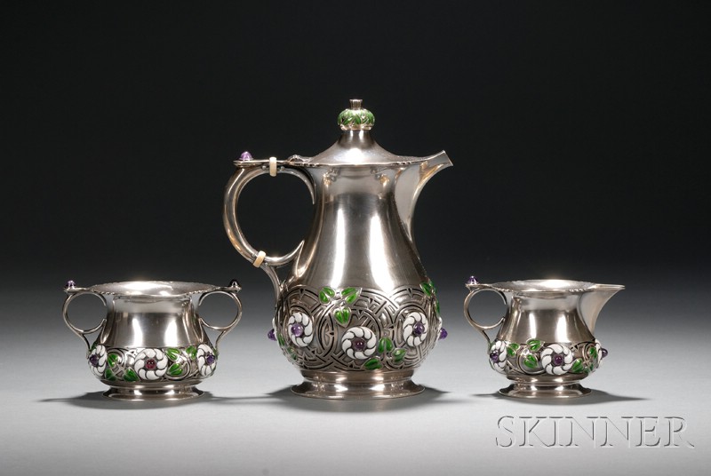 Appraisal: Three Piece Art Nouveau-style Enameled and Amethyst-mounted Sterling Coffee Service