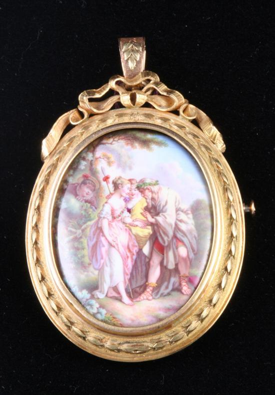 Appraisal: ANTIQUE K FRENCH CARVED YELLOW GOLD AND HAND-PAINTED PORCELAIN OVAL