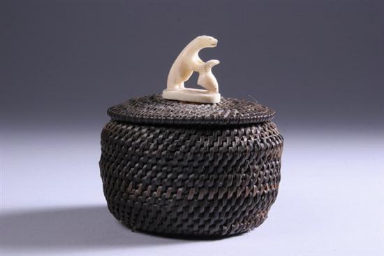 Appraisal: INUIT WOVEN BALEEN AND IVORY LIDDED BASKET th century Circular