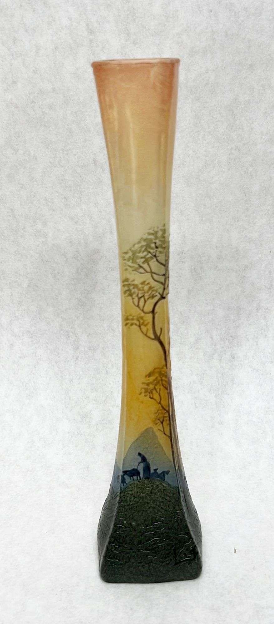 Appraisal: Legras Enameled Cameo Glass Bud Vase Landscape with Figures tall