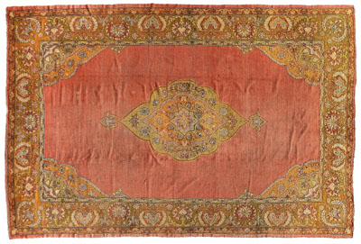 Appraisal: Oushak rug central medallion with pendants on faded brick-red ground