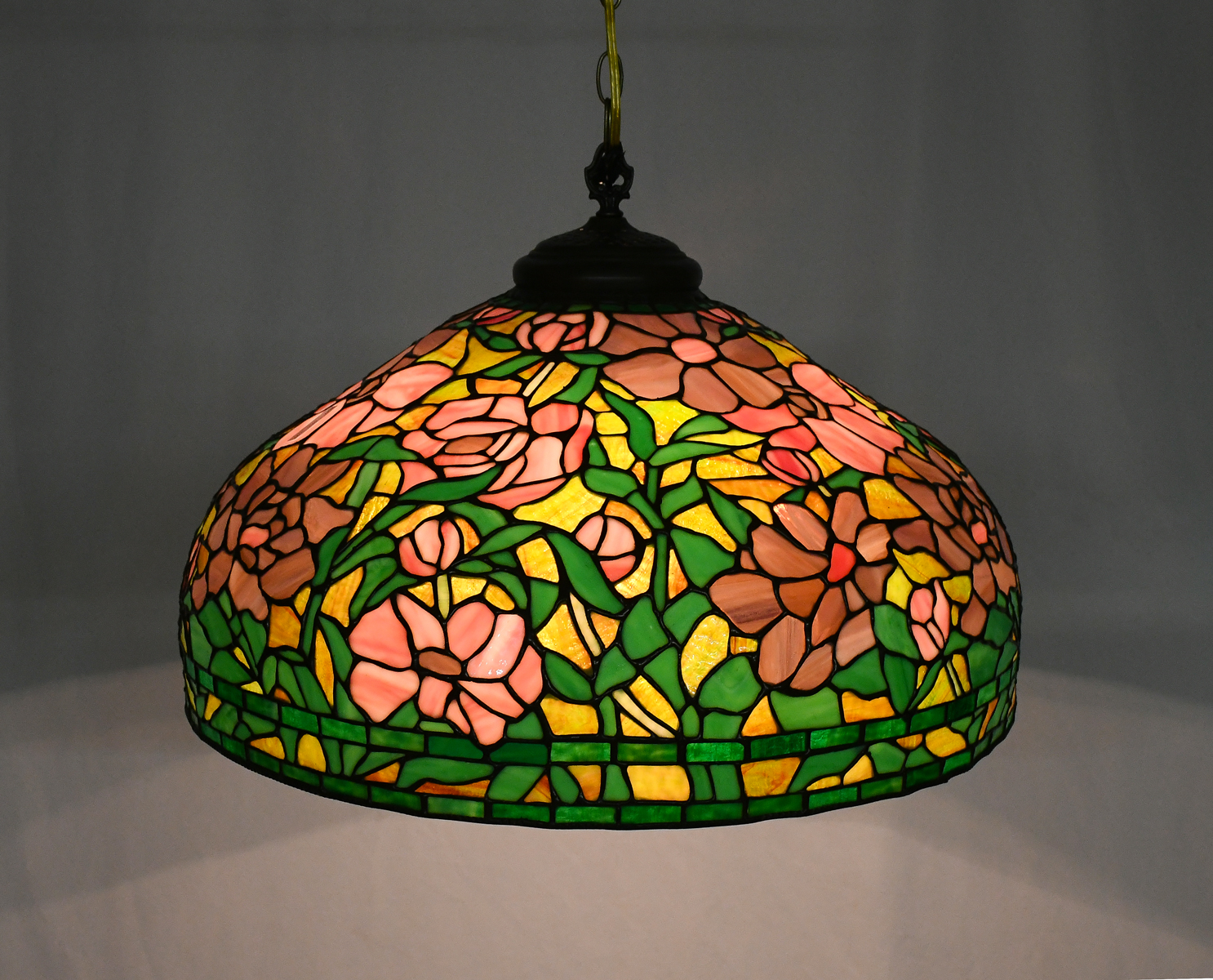 Appraisal: HANGING STAINED GLASS FLORAL LAMP - light leaded glass chandelier