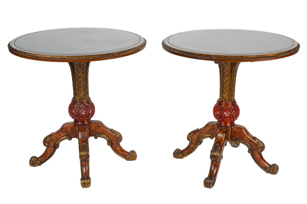 Appraisal: PAIR BAROQUE-STYLE GLASS GILTWOOD OCCASIONAL TABLESeach with elaborately patterned gilt