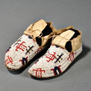 Appraisal: Pair of Lakota Buffalo Hide Pictorial Beaded Moccasins c last