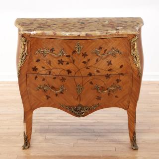 Appraisal: Louis XV style marble top marquetry commode Louis XV style