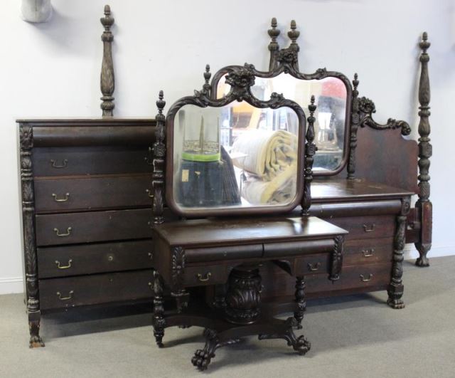 Appraisal: Impressive Acanthus Carved Mahogany Bedroom Set A magnificent and rare