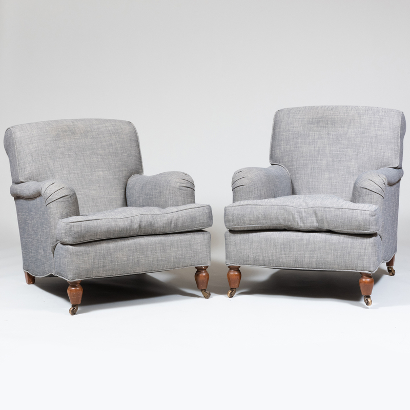 Appraisal: Pair of Victorian Style Mahogany and Upholstered Club Chairs On