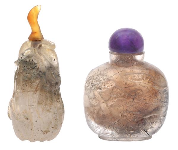 Appraisal: TWO CARVED HAIR CRYSTAL SNUFF BOTTLES