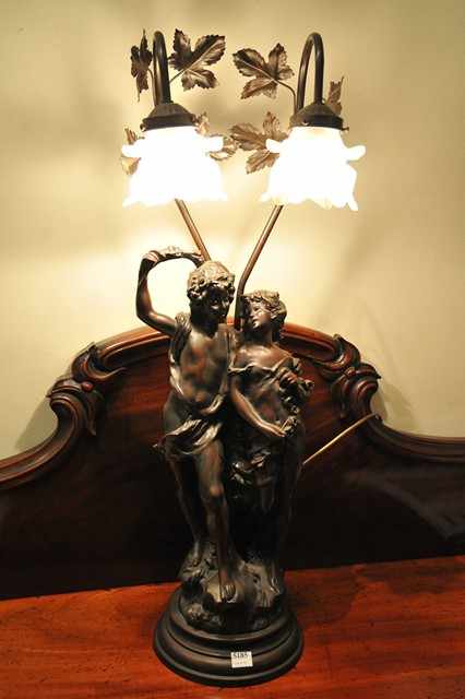 Appraisal: AN ANTIQUE STYLE TWO BRANCH LAMP WITH FIGURAL GROUP