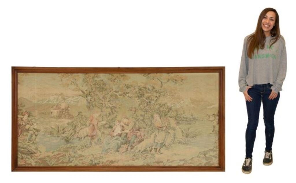 Appraisal: Framed machine-made wall tapestry late th c Rococo style scene