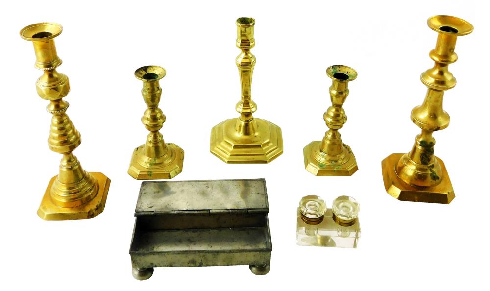 Appraisal: Seven metal table top items including five brass candle sticks