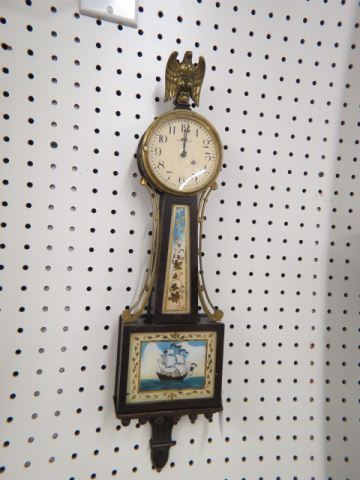 Appraisal: Waltham Banjo Wall Clock brass eagle finial reverse painting with