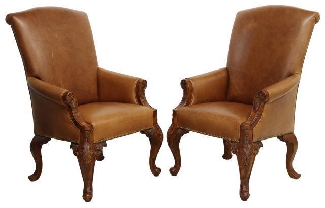 Appraisal: pair Leather upholstered library or office armchairs th c rolled