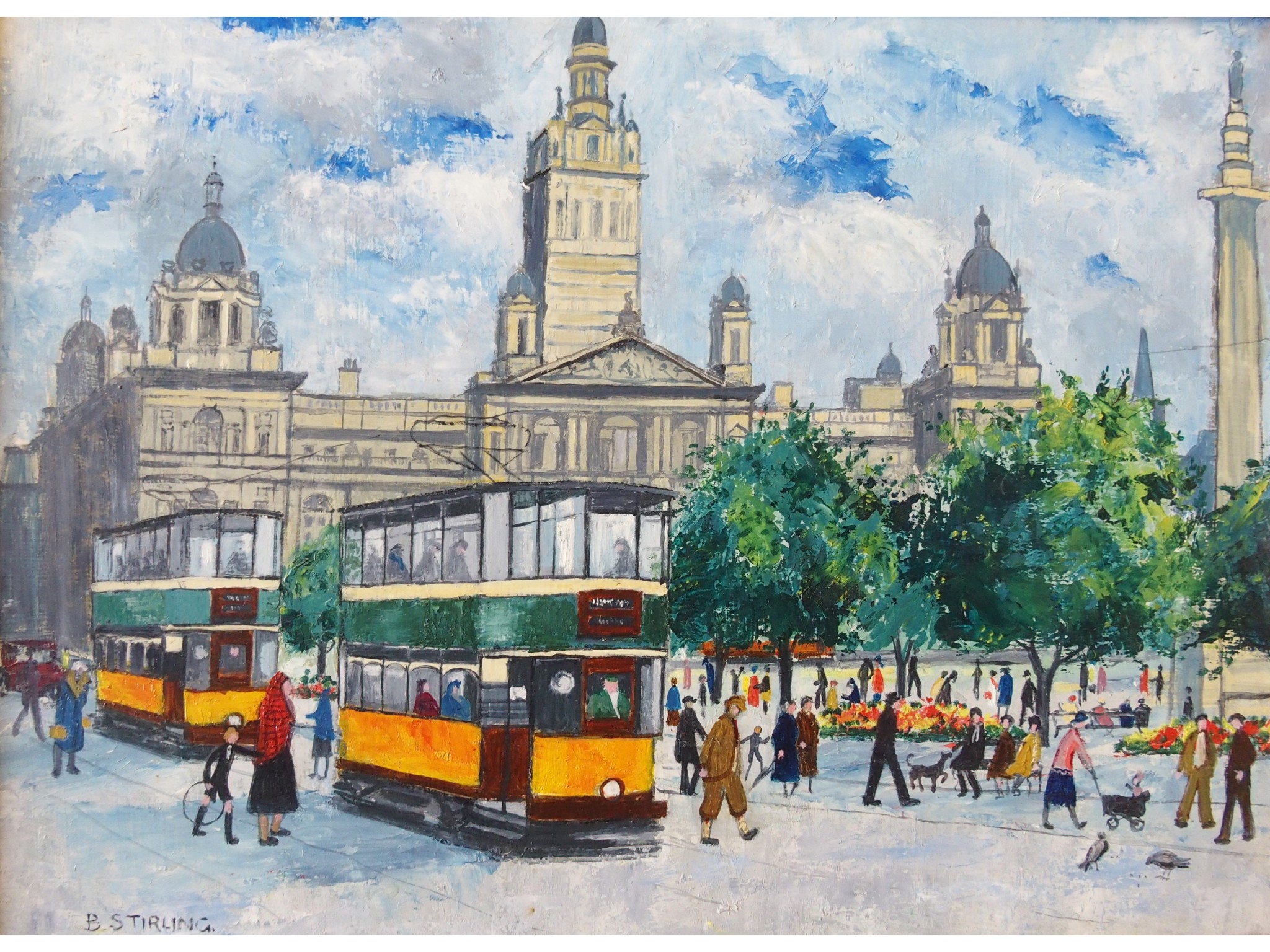 Appraisal: BETTY M STIRLING Scottish Fl TRAMS AT GEORGE SQUAREOil on