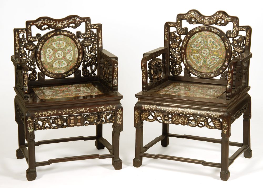 Appraisal: RARE PAIR OF ROSEWOOD AND ROSE MEDALLION PORCELAIN ARMCHAIRS Circa