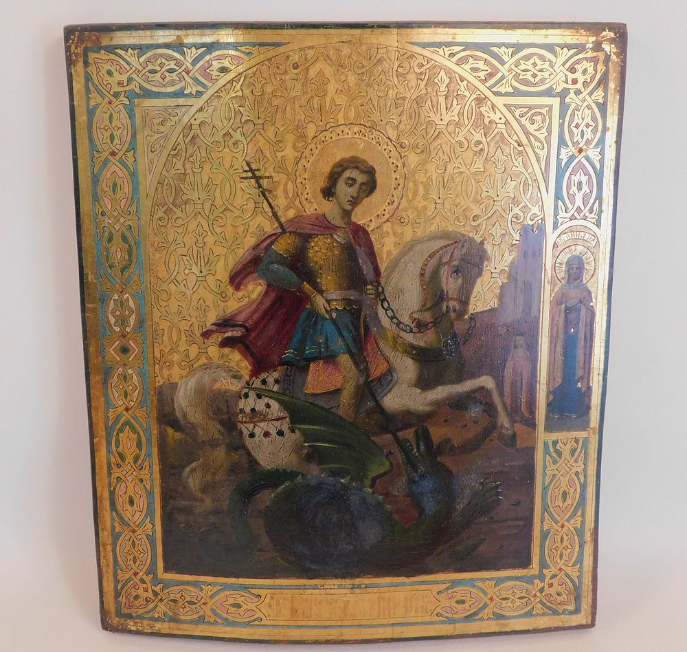 Appraisal: ANTIQUE RUSSIAN ICON ST GEORGE Circa th century hand painted