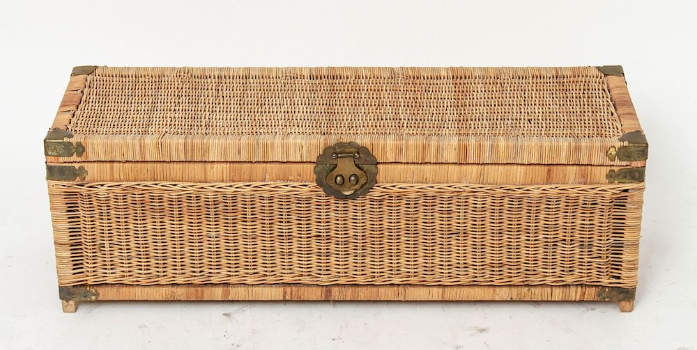 Appraisal: Long Wicker Storage Trunk w Chinoiserie Hardware Wicker storage trunk