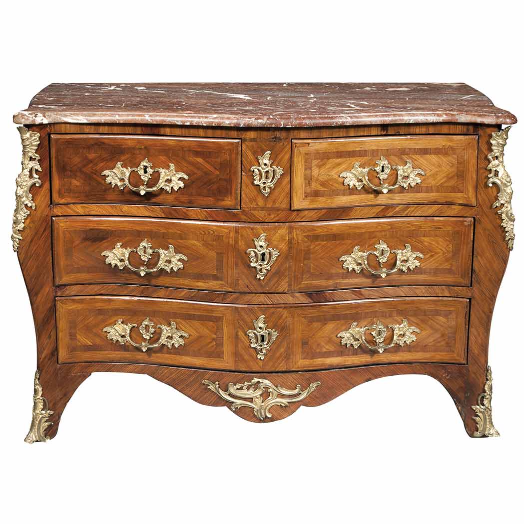 Appraisal: Louis XV Tulipwood Parquetry Commode The marble serpentine top above