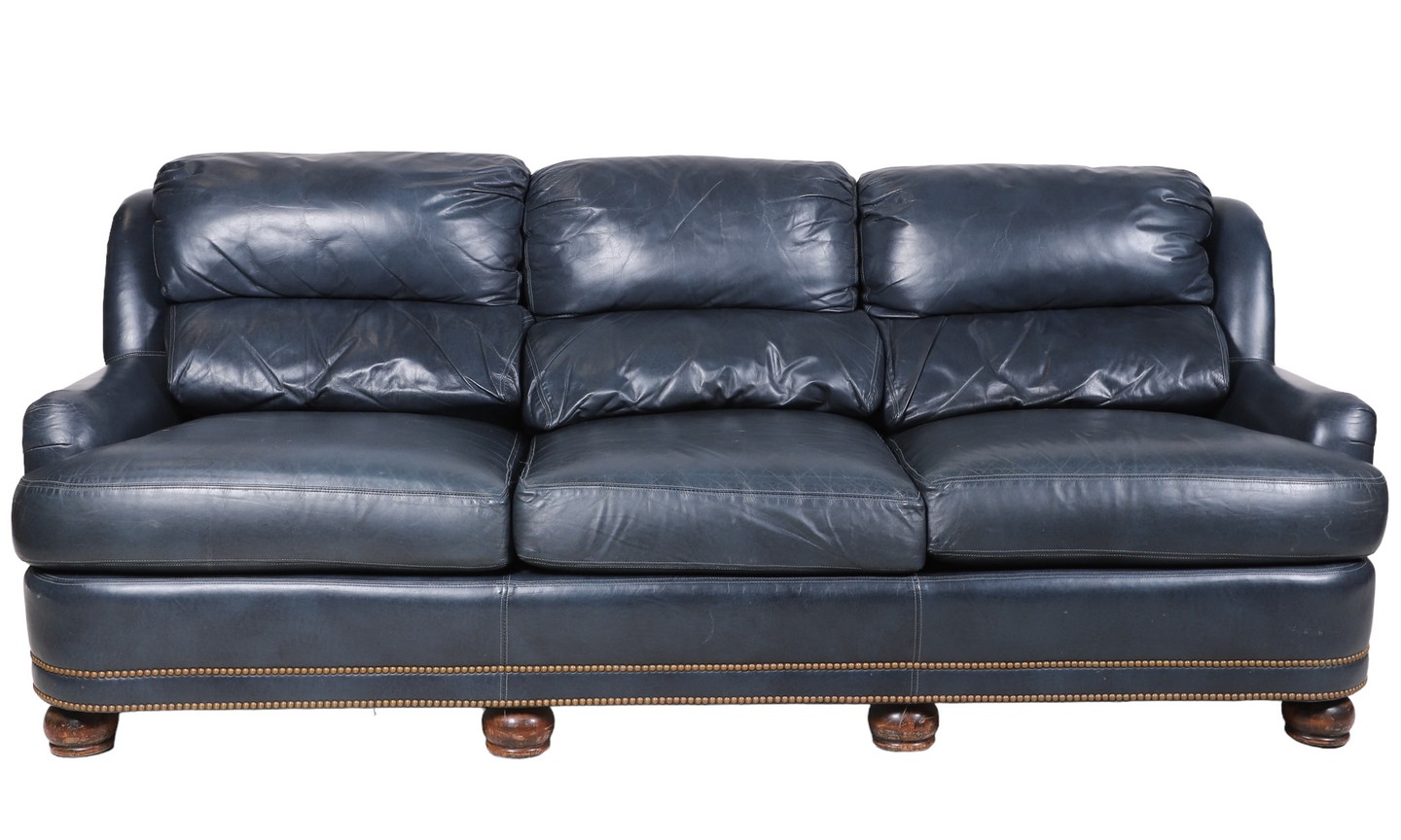 Appraisal: Hancock and Moore leather -seat sofa blue leather on bun