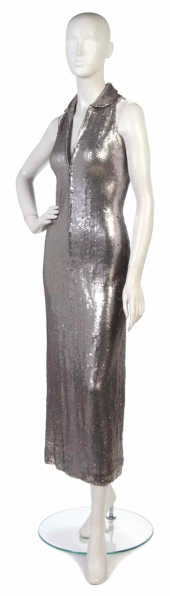 Appraisal: A Halston Silver Sequin Evening Gown Labeled Halston