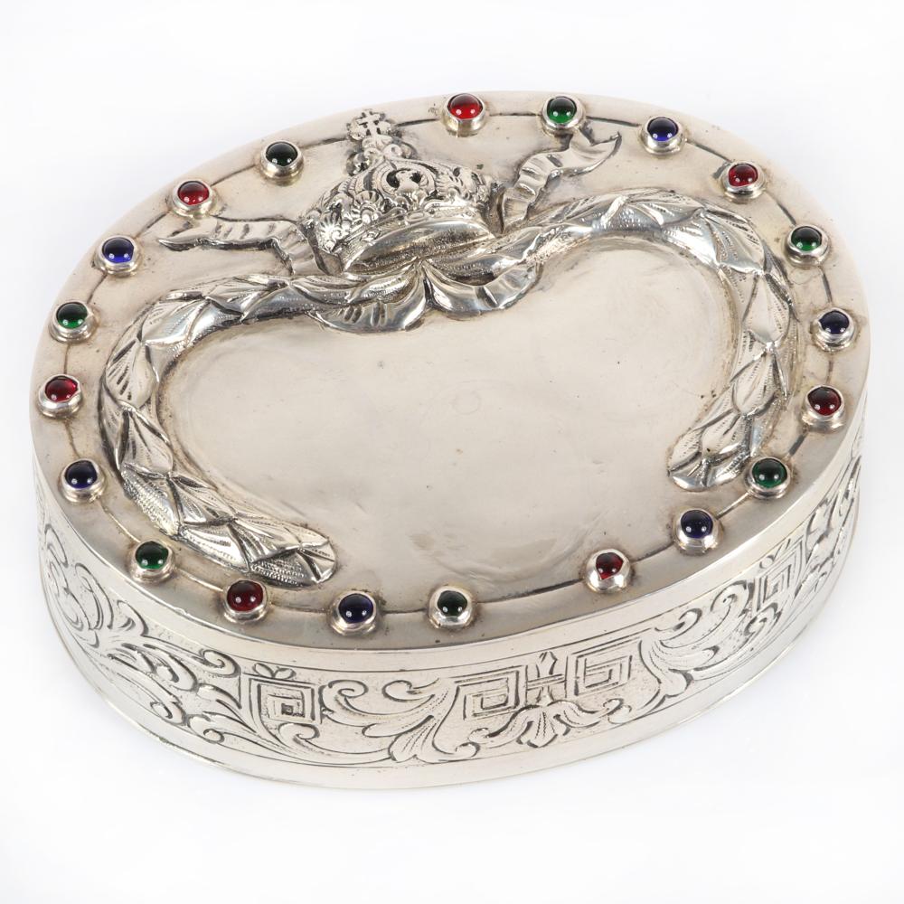 Appraisal: TH CENTURY FRENCH IMPERIAL STERLING SILVER JEWELED BOX WITH HEAVY