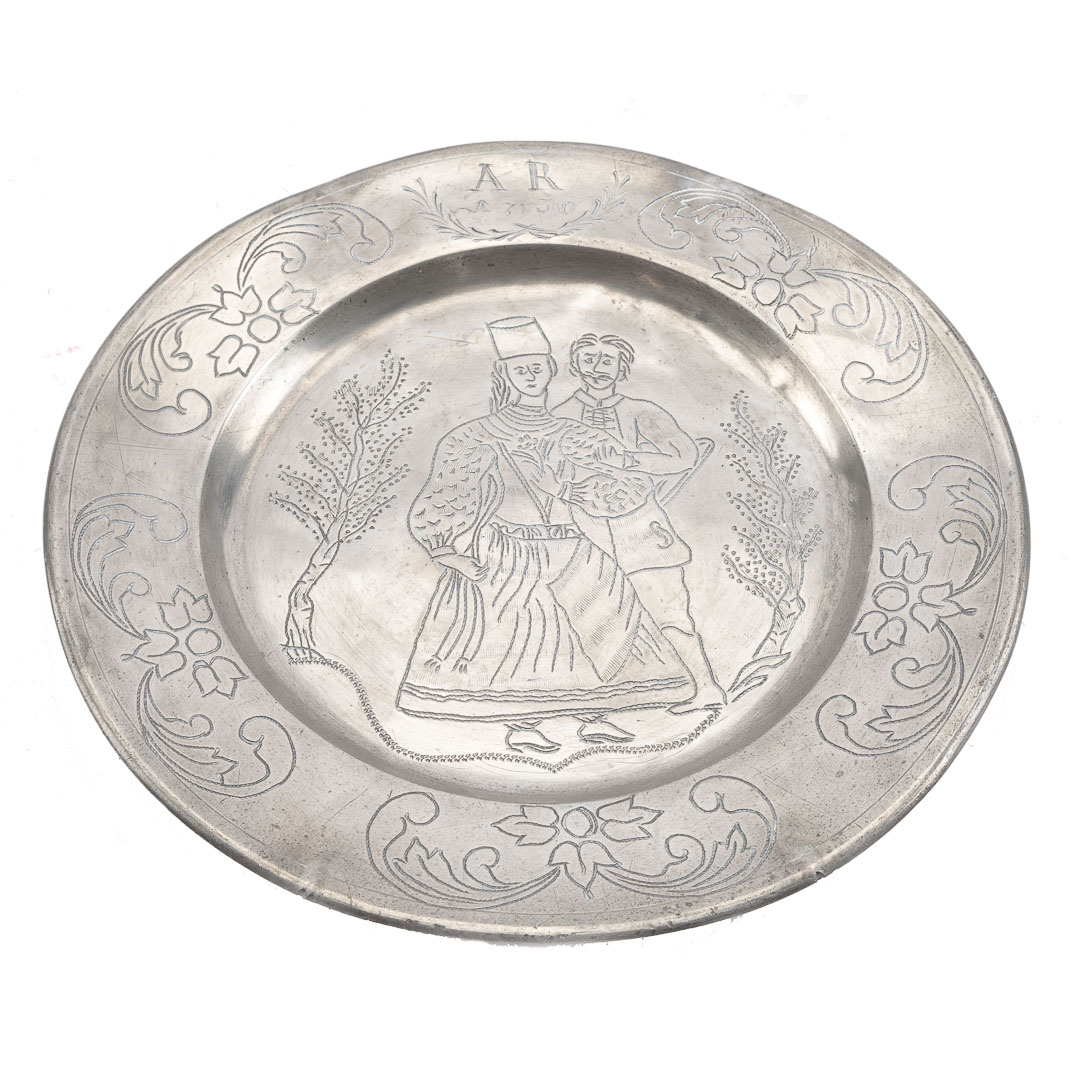 Appraisal: Continental etched pewter charger dated border with etched foliate decoration