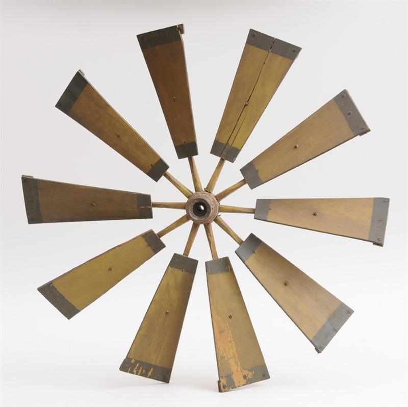 Appraisal: METAL-MOUNTED PAINTED WOOD FAN Incorporating ten paddles attached to central