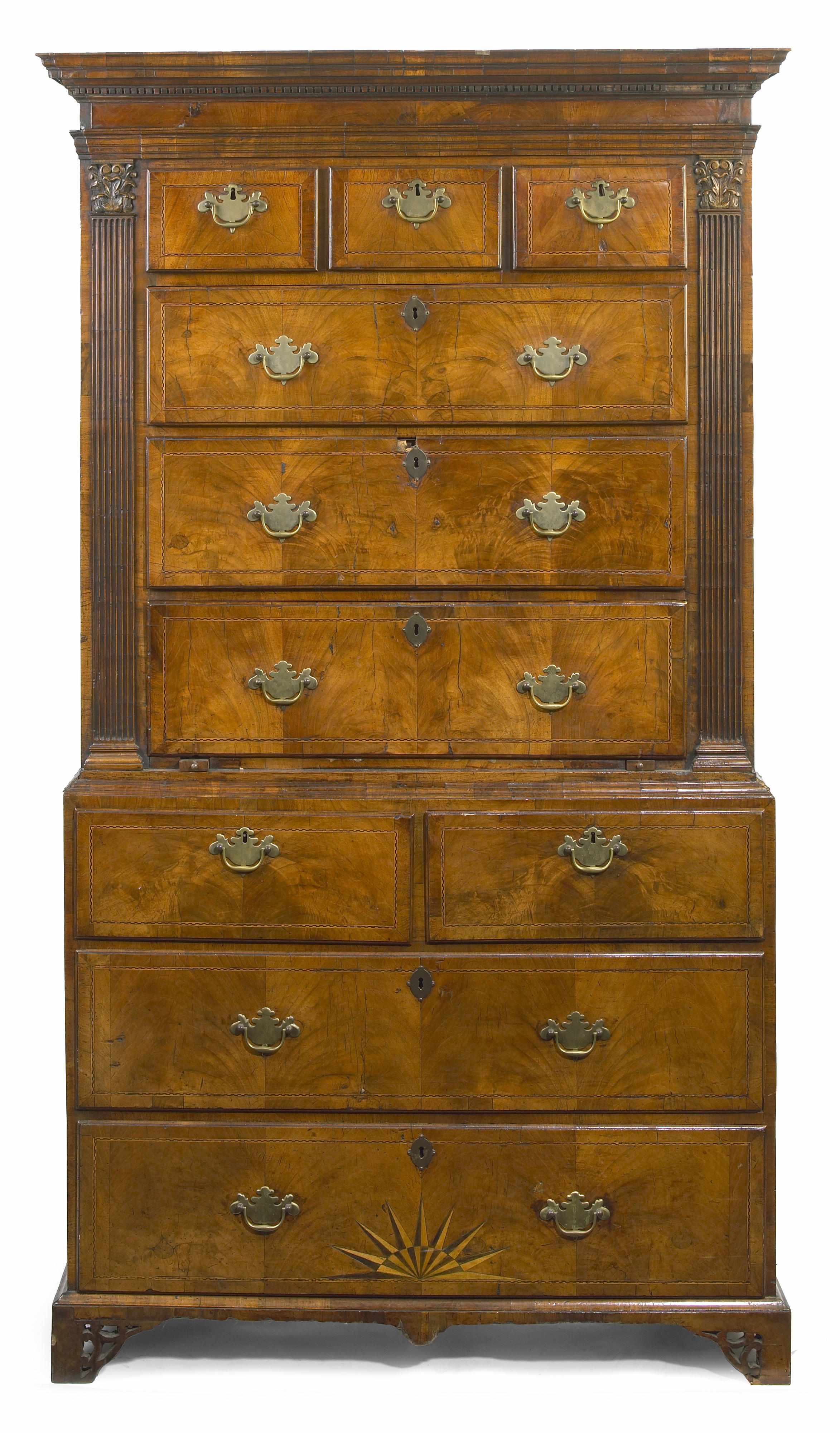 Appraisal: A George II inlaid walnut secretary chest on chest second