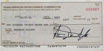 Appraisal: SAMMY DAVIS JR Signed check and Signed Academy of Motion