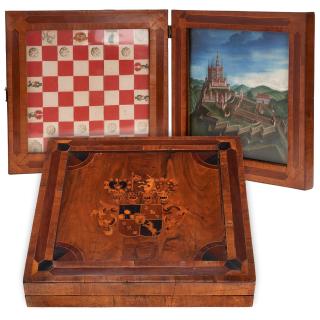 Appraisal: Extraordinary antique portable chess table box Extraordinary antique portable chess