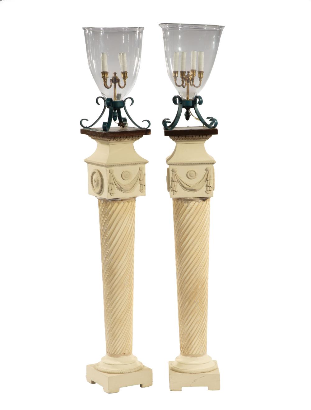 Appraisal: Pair of Neoclassical-Style Four-Light Torcheres hurricane shades carved and painted