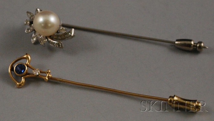 Appraisal: Two Diamond and Gemstone Stickpins an kt white gold diamond