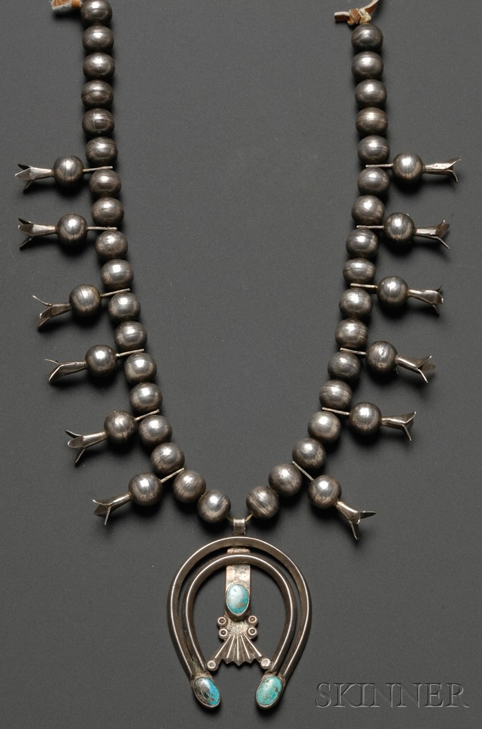 Appraisal: Southwest Silver and Turquoise Squash Blossom Necklace Navajo c second