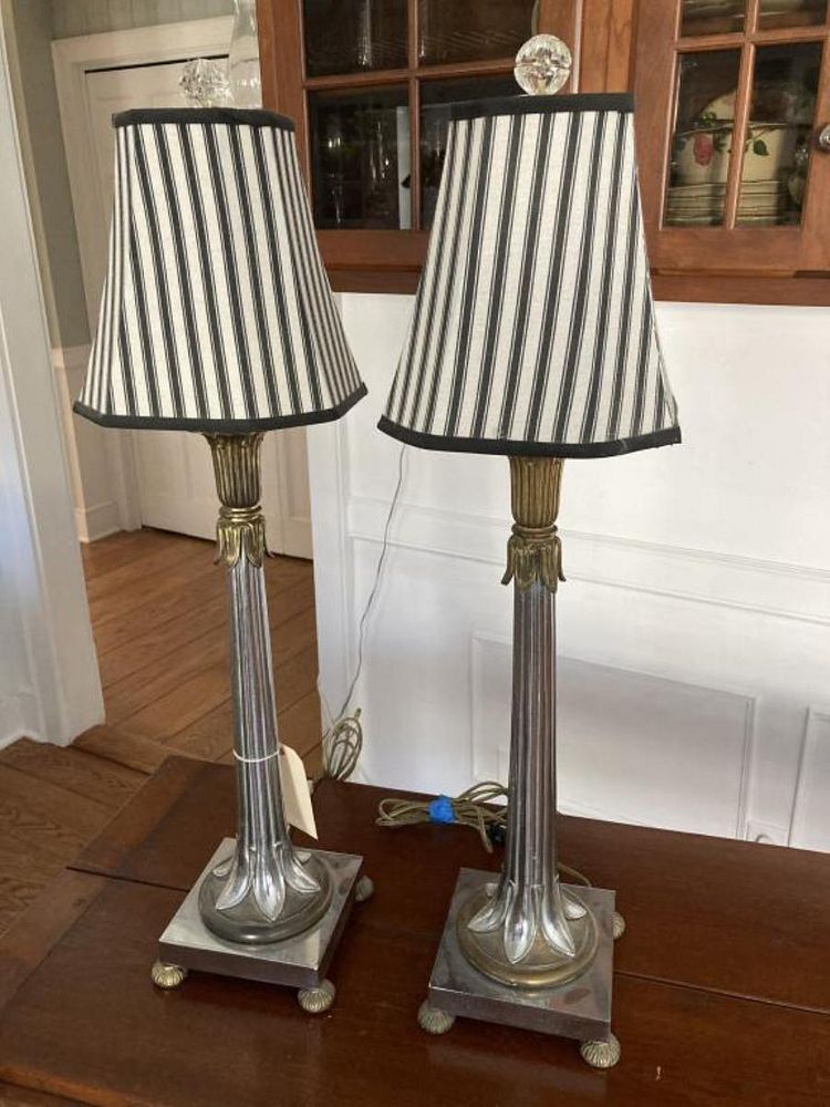 Appraisal: Pair MCM Neo-Egyptian Style Chrome Lamps of Papyrus column form