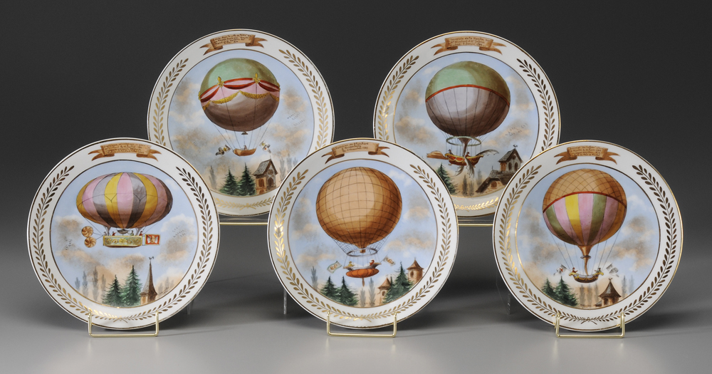 Appraisal: Set of Five Porcelain Plates Balloon Motifs French th or