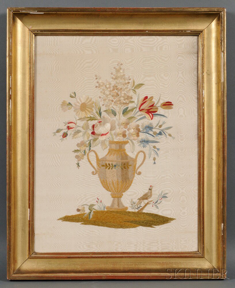 Appraisal: Silk Needlework Picture of an Urn of Flowers America late