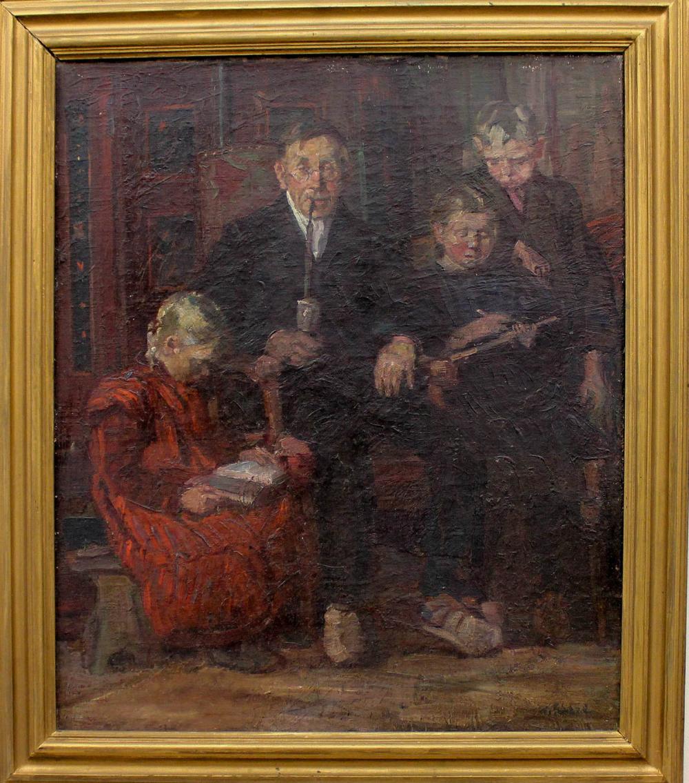 Appraisal: GERMAN OIL ON CANVAS man smoking a pipe with children