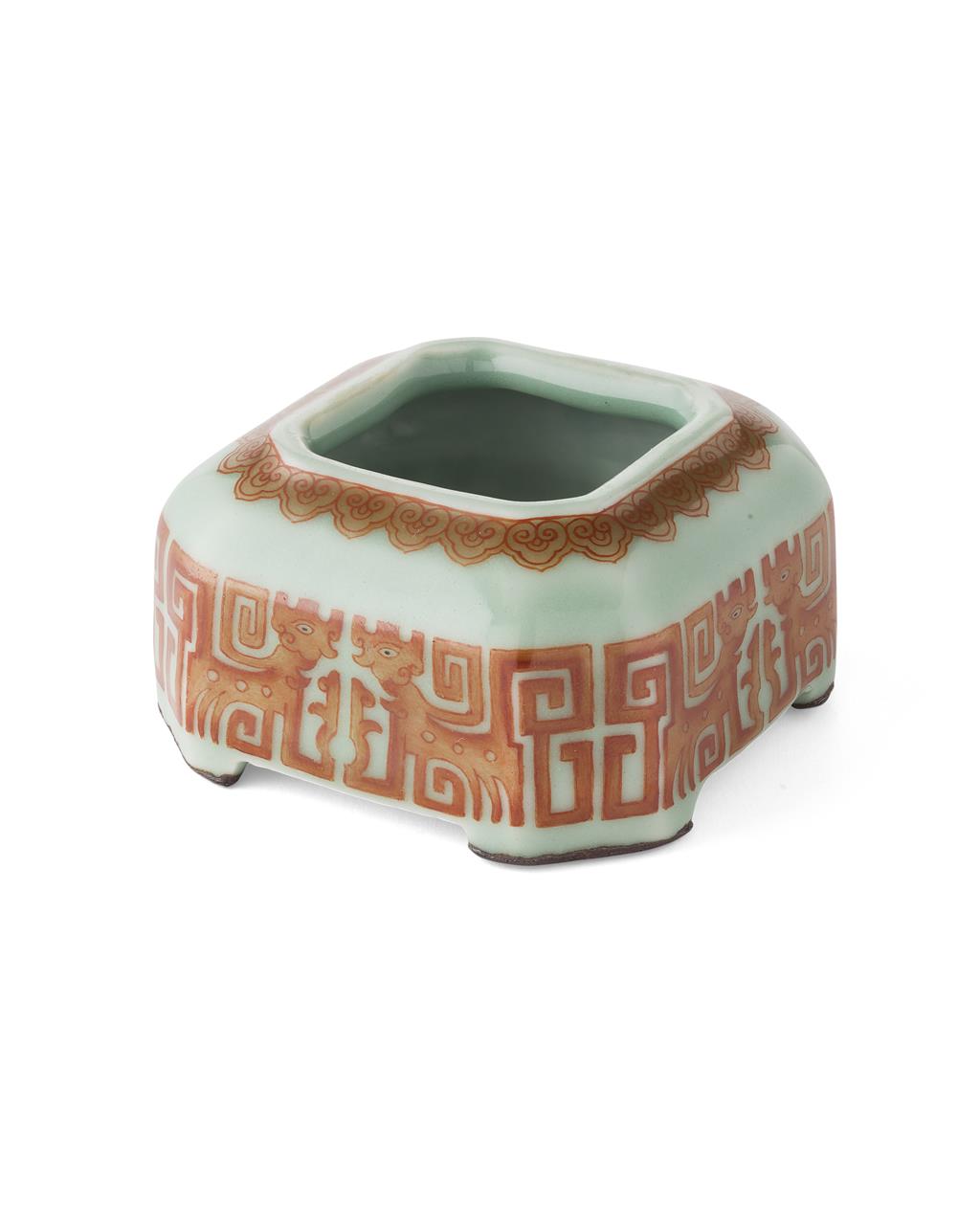 Appraisal: CELADON-GROUND IRON-RED 'DRAGON' SQUARE BRUSH WASHER QIANLONG MARK AND POSSIBLY