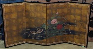 Appraisal: Japanese Four Japanese four panel screen depicting peonies and a