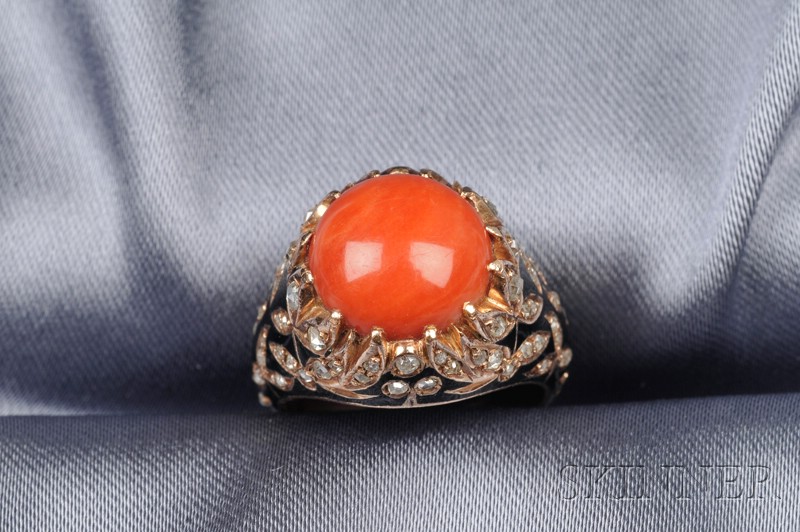 Appraisal: kt Gold Coral Enamel and Diamond Ring designed as a