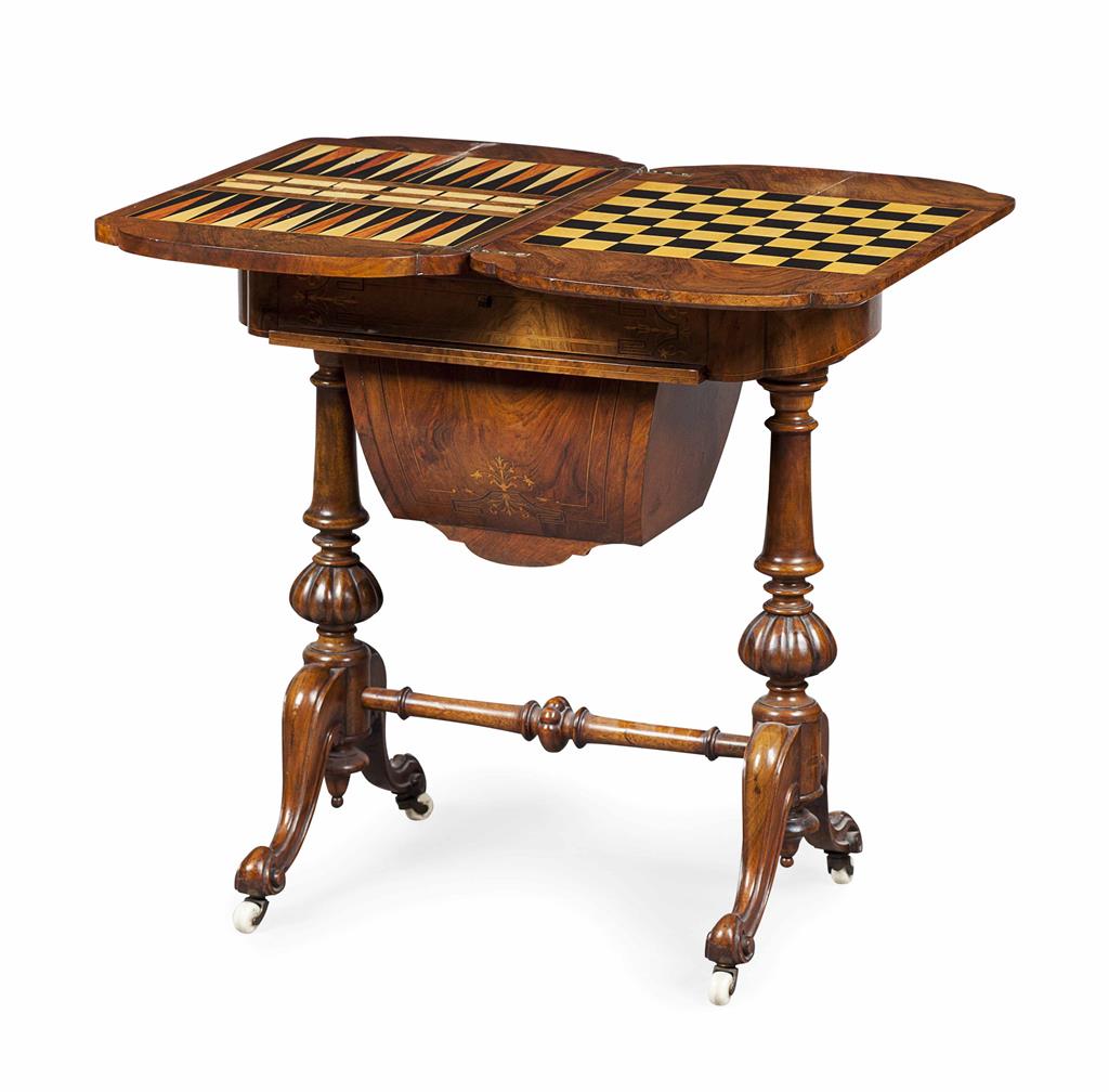 Appraisal: VICTORIAN WALNUT AND MARQUETRY WORK AND GAMES TABLE TH CENTURY