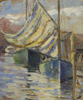 Appraisal: G E Wesson New England Harbor Scene depicting a docked