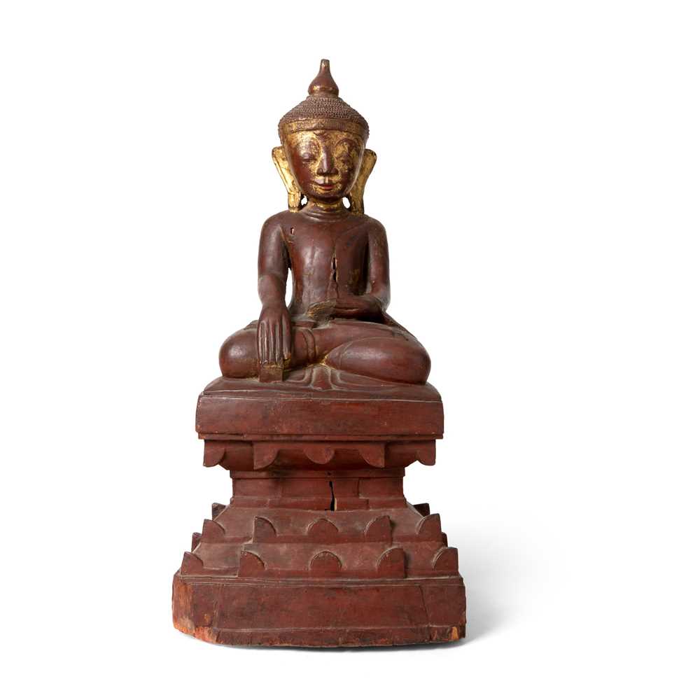 Appraisal: GILT AND RED-LACQUERED WOOD FIGURE OF BUDDHA SHAKYAMUNI BURMESE SHAN