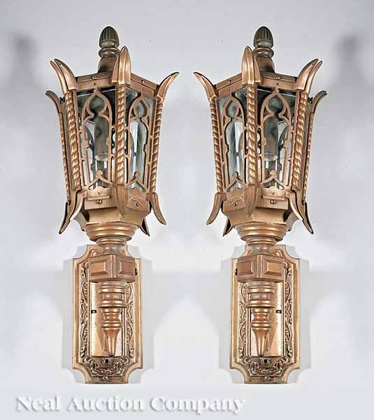 Appraisal: Five Monumental Bronze Wall Sconces in the Gothic Taste c