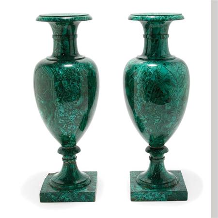 Appraisal: Pair of Continental Neoclassical Style Malachite Urns Estimate -