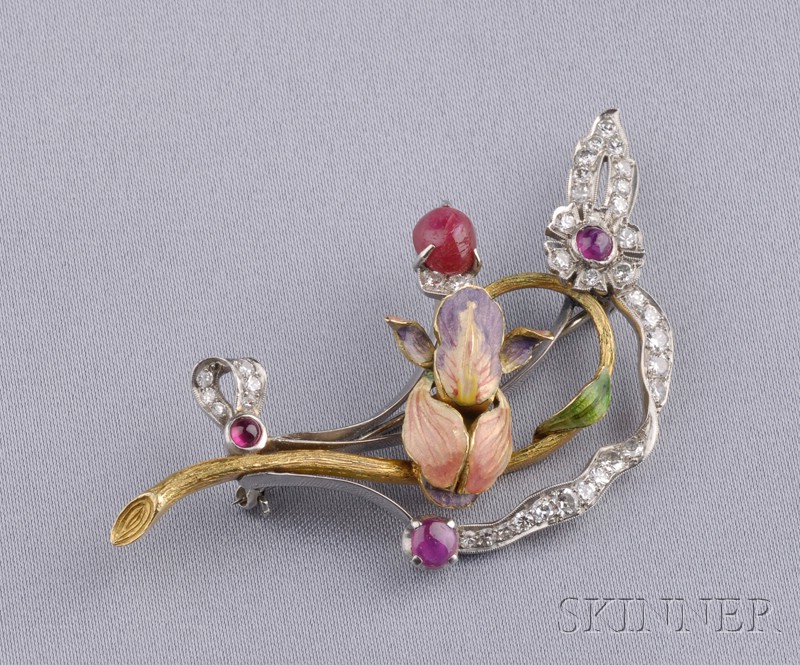 Appraisal: Ruby Diamond and Enamel Flower Brooch the basse taille enamel