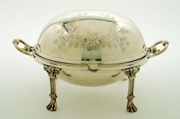 Appraisal: Sheffield-style silver plated warming dish of oval form resting on