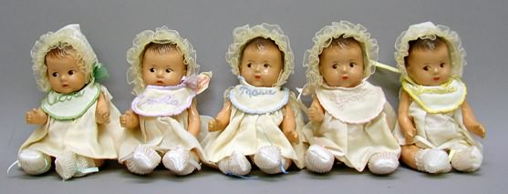 Appraisal: Set of compo Dionne Quintuplets Molded painted features Pc bent