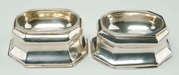 Appraisal: PAIR OF GEORGE I SILVER TRENCHER SALTS London - Rubbed